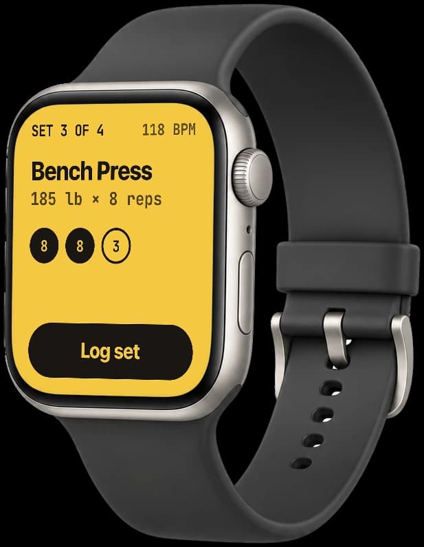 An Apple Watch showing a CreatorClone session in progress: set 3 of 4 at 118 BPM, Bench Press at 185 lb for 8 reps, two sets banked and a third under way, and a Log set button