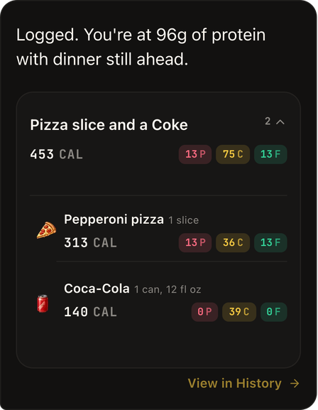 The coach's reply with the meal logged and broken out: pepperoni pizza 313 cal, Coca-Cola 140 cal